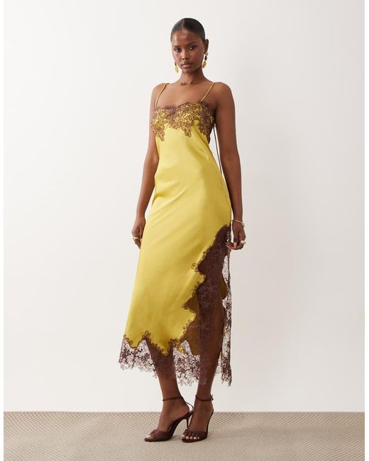 ASOS Natural Satin Lace Applique Midi Dress