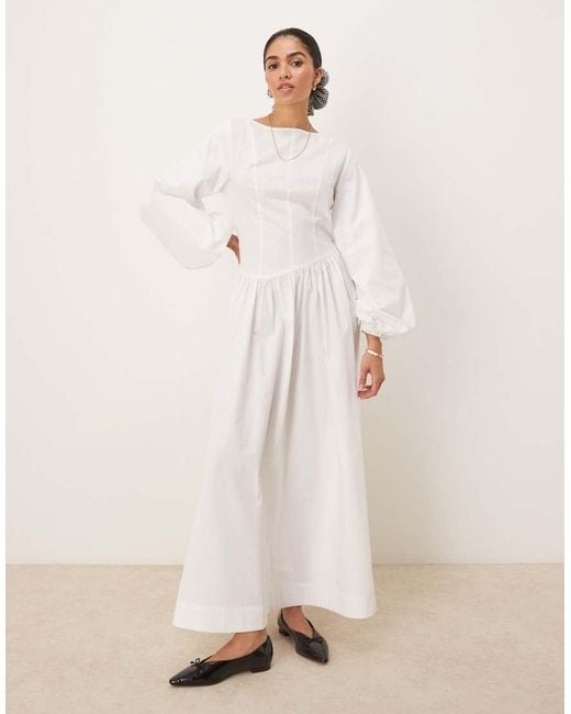 ASOS Natural Poplin Maxi Dress With Asymmetric Waist And Volume Sleeve