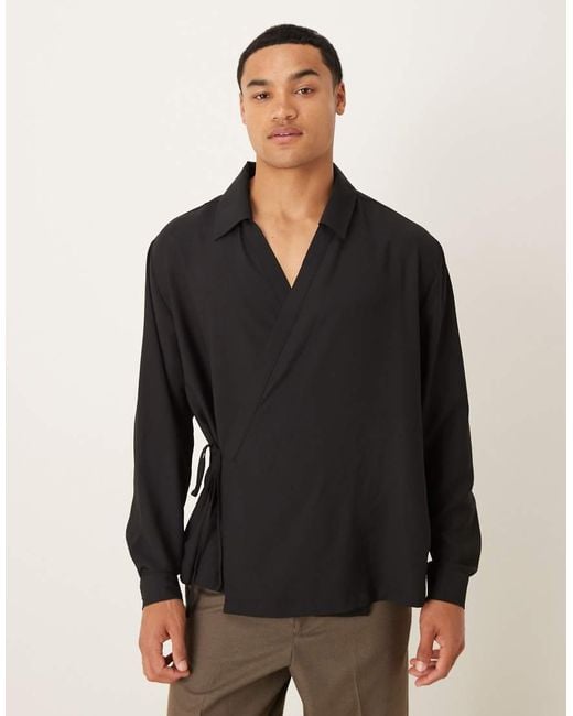 ASOS Black Relaxed Satin Wrap Around Shirt for men
