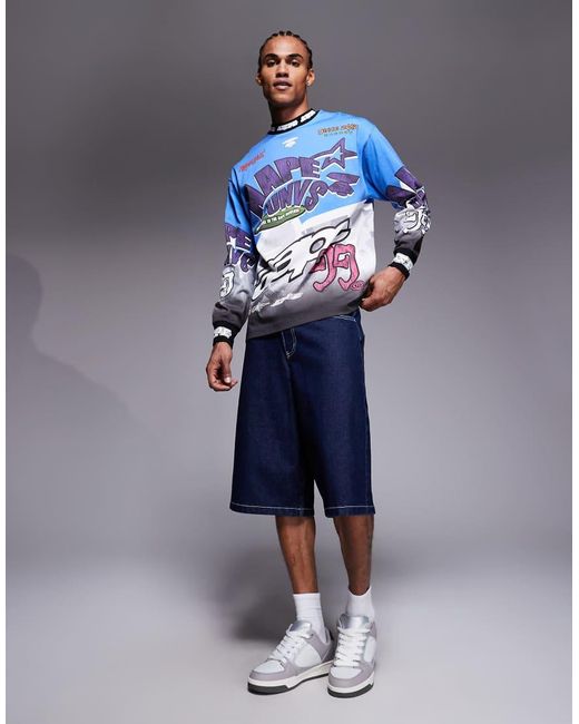 Aape By A Bathing Ape Blue Aape By A Bathing Ape Long Sleeve Motocross T-shirt for men