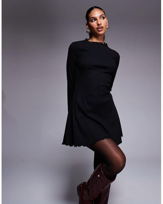 ASOS Blue Ribbed Long Sleeve Lettuce Hem Mini Dress