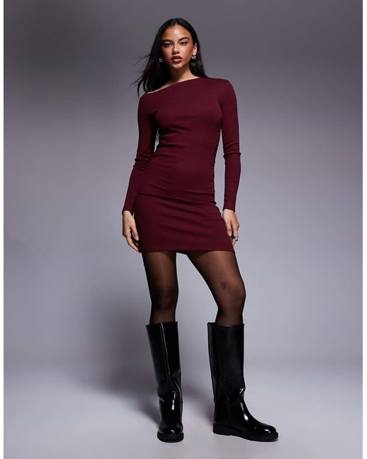 ASOS Purple Ribbed Long Sleeve Split Front Mini Dress