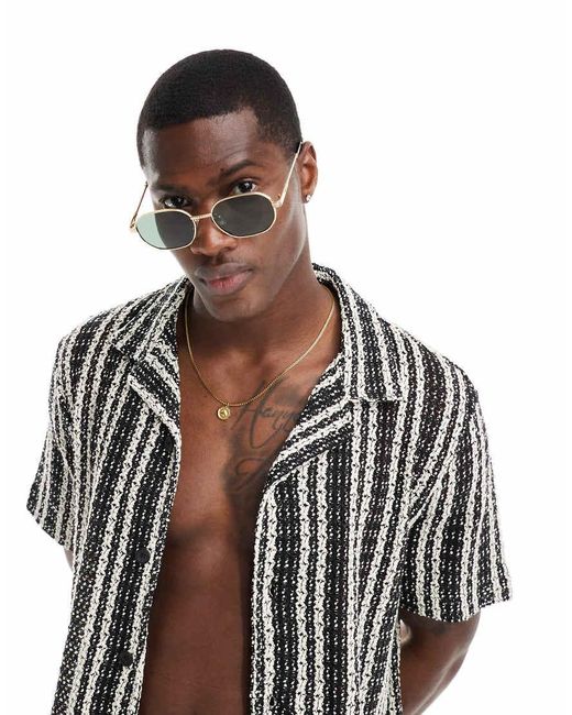 River Island Black Coined Metal Slim Hexagon Sunglasses for men
