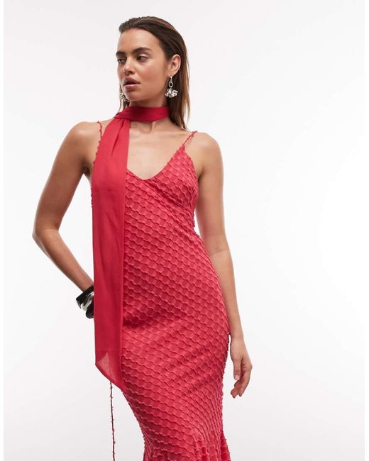 ASOS Red Bias Plunge Cami Dress With Full Godets And Scarf Detail
