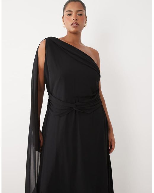Tfnc Plus Black Chiffon One Shoulder Twist Waist Draped Maxi Dress