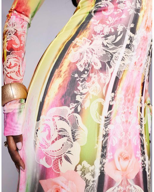 AFRM Pink – didi – langärmliges netzstoff-midikleid mit spitzenprint im grunge-design