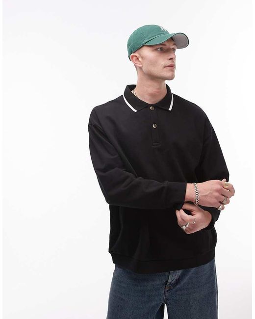 Topman Black Oversized Fit Sweat Polo With Tipped Collar for men