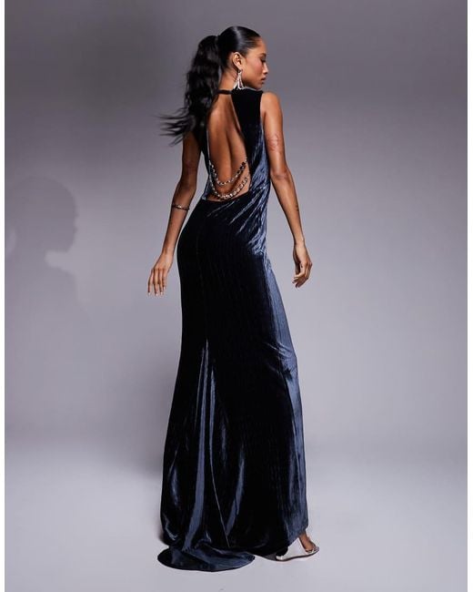 ASOS Blue Premium High Neck Crushed Velvet Maxi Dress With Oversized Diamante Trim Back Detail