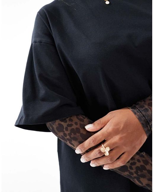 ASOS Black Asos Design Curve T-shirt Mini Dress With Mesh Leopard Print Sleeves