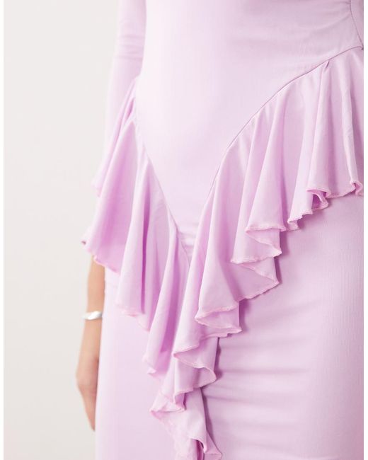 Ruched & Ready Purple Sculpting Long Sleeve Ruffle Drape Detail Maxi Dress