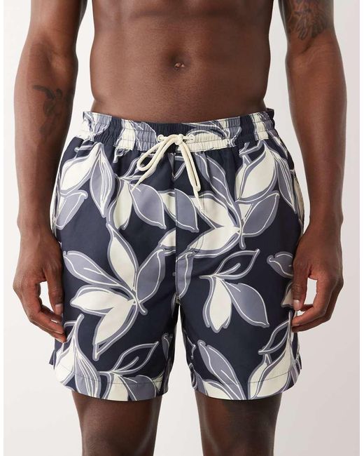 Threadbare Blue Drawstring Waist Swim Shorts With Leaf Print for men