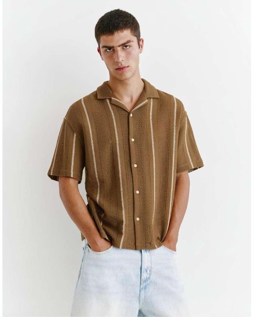 Pull&Bear Brown Striped Short Sleeve Shirt for men