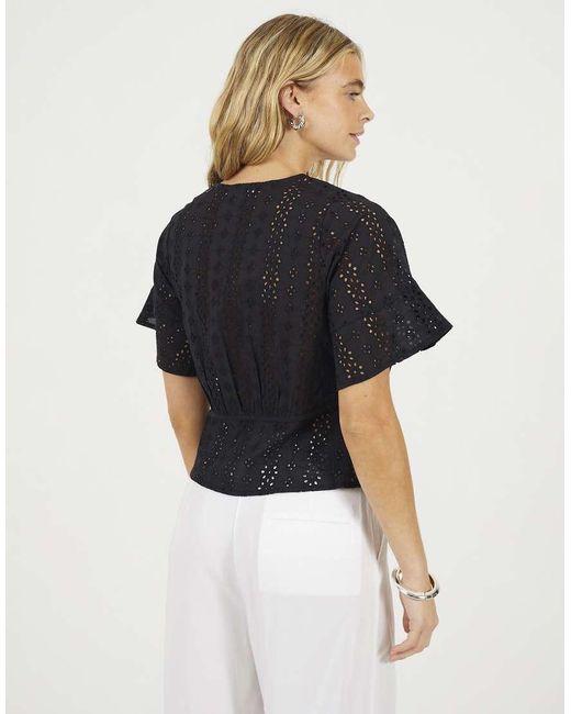 Brave Soul Blue Cotton Broidery V-Neck Short Sleeve Top