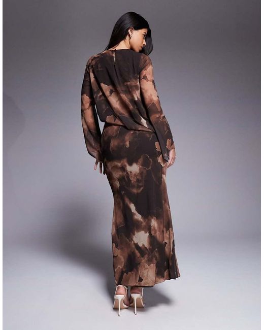 DASKA Brown Chiffon Asymmetric Blouson Top Maxi Dress