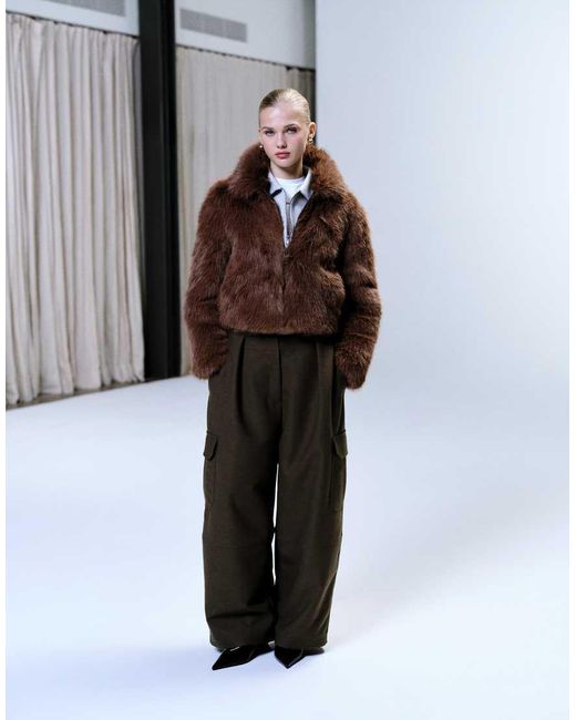 JJXX Brown Cropped Faux Fur Zip Coat