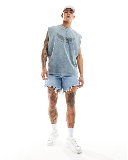 ASOS Blue Mid Length Slim Denim Shorts With Heavy Ripped Hem for men