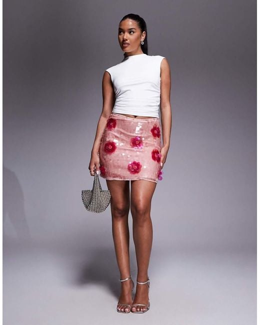 River Island Red Floral Sequin Mini Skirt