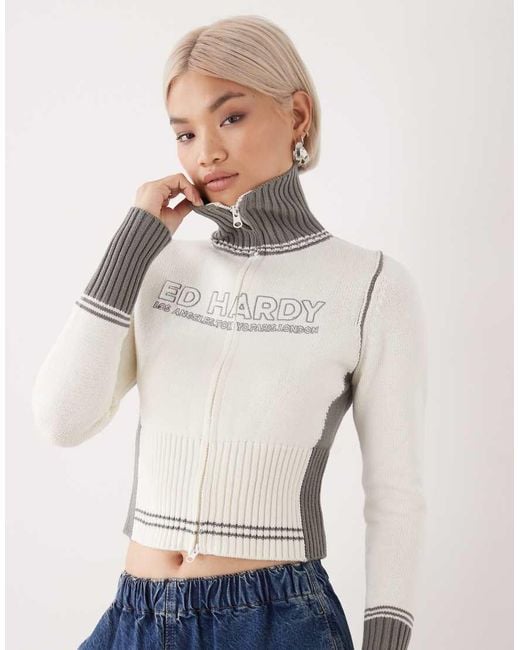 Ed Hardy Gray Zip Front Y2K Knit Jumper With Embossing And Skull Back