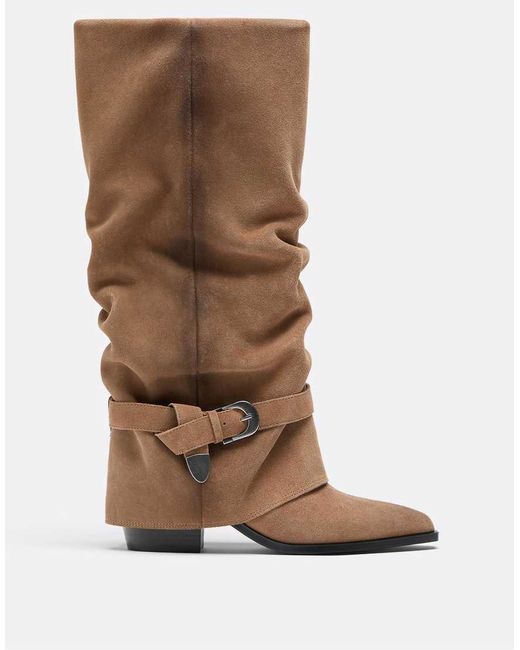 Stradivarius Brown Real Suede Slouchy Heeled Boot