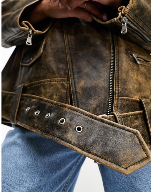 ASOS White Asos Design Petite Premium Washed Real Leather Oversized Biker Jacket