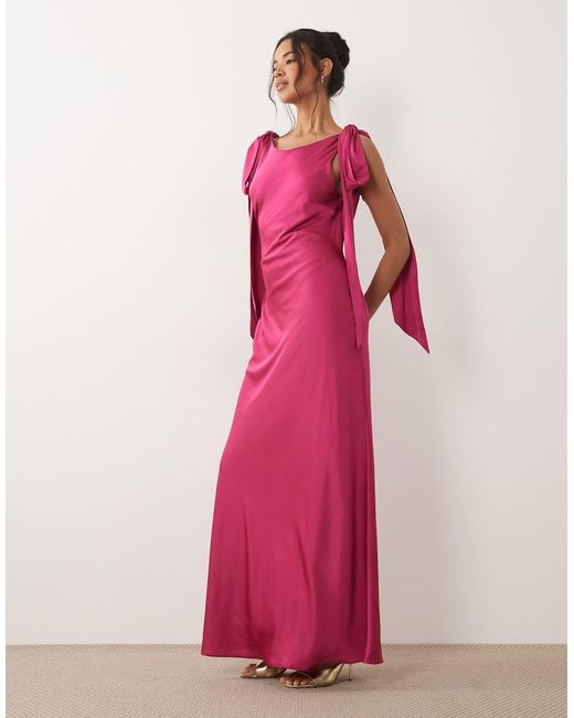 TFNC London Pink Satin Bow Shoulder Low Back Maxi Dress