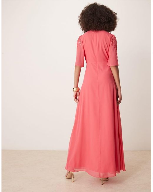 Hope & Ivy Pink Plunge Front Embellished Maxi Dress