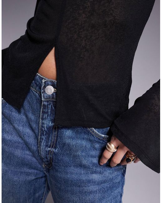 ASOS Blue Mesh Flared Long Sleeve Boat Neck Top With Slit Detail At Front