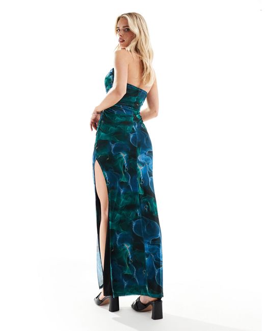 Asos design petite - vestito lungo a fascia stile corsetto drappeggiato con stampa verde marmo e spacco laterale di ASOS in Blue