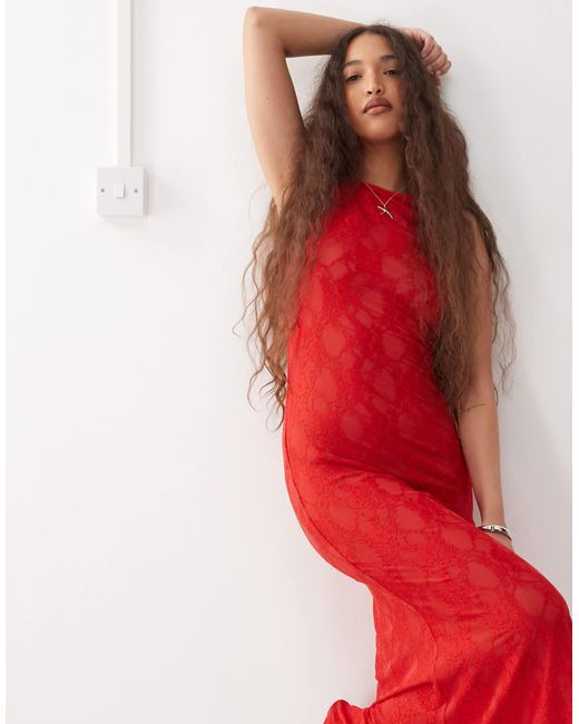 Amy Lynn Red Sheer Lace Slip Maxi Dress
