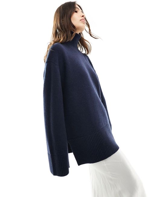 & Other Stories Blue Merino Wool And Cotton Blend High Neck Oversize Jumper