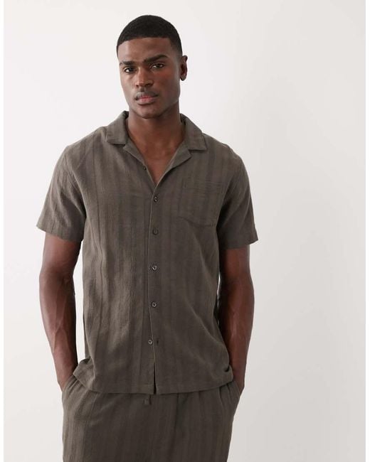 Brave Soul Gray Co-Ord Short Sleeve Shirt With Revere Collar for men