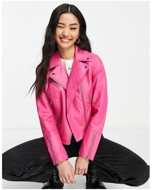 Miss Selfridge Faux Leather Zip Front Biker Jacket in Pink | Lyst