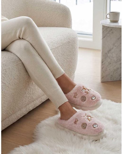 SEQWL White Fluffy Mule Slippers Warm Slip Ons With Charm Details