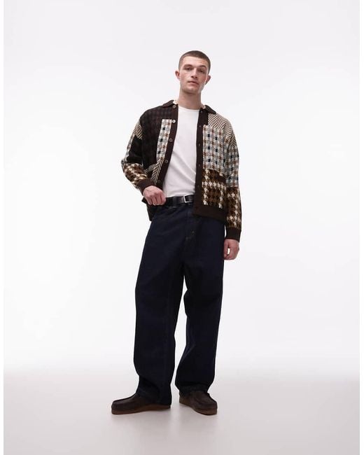 Obey Black Patchwork Button Up Knitted Cardigan And Brown And Beige for men