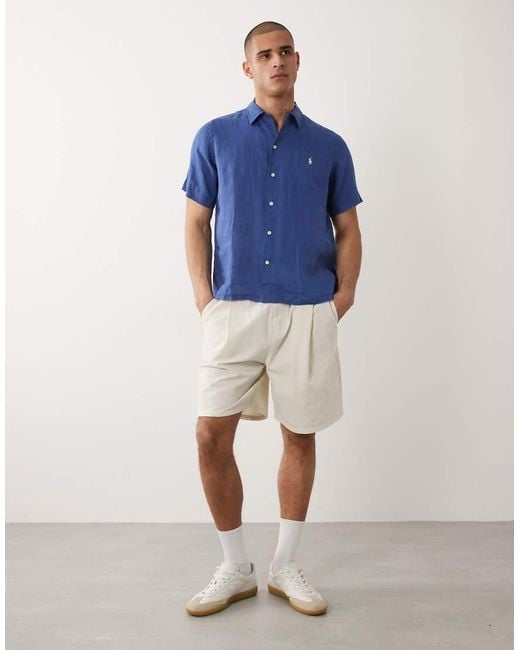 Polo Ralph Lauren Blue Icon Logo Short Sleeve Linen Shirt for men