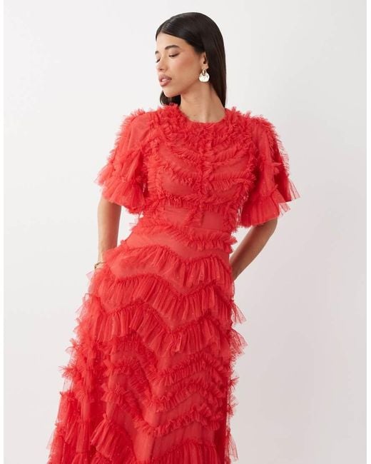 Beauut Red Maryisa Short Sleeve Ruffle Maxi Dress