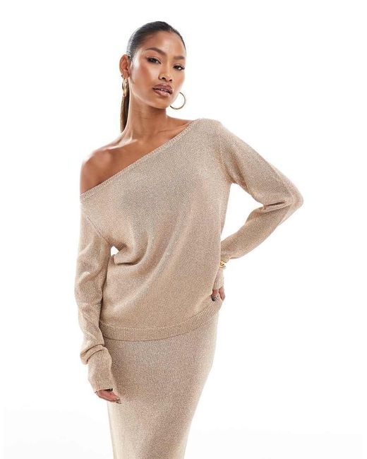 Aria Cove White Shimmer Fine Knit Off Shoulder Jumper Co-Ord