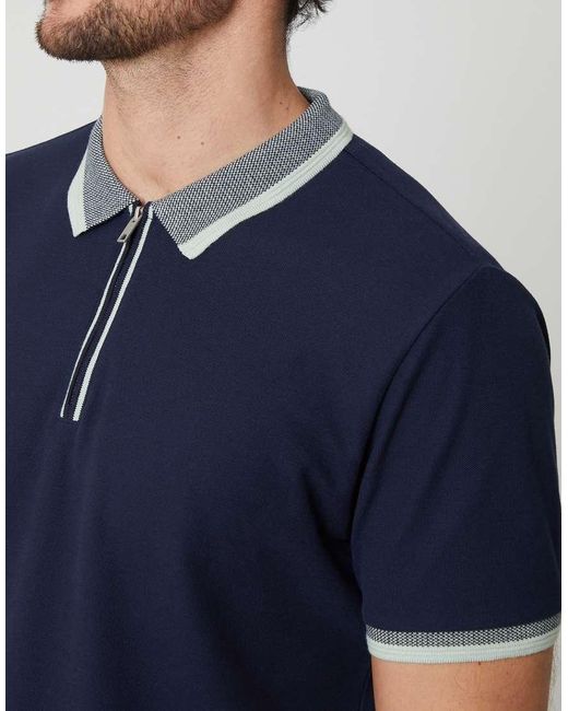 Threadbare Blue Cotton Tipping Collar Quarter Zip Pique Polo Shirt for men