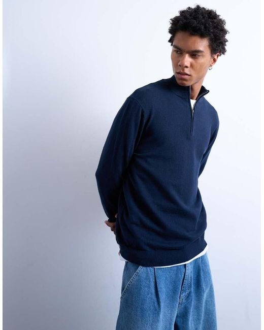 Topman Blue Essential Knitted 1/4 Zip Funnel for men
