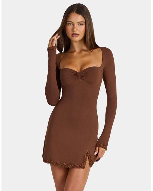 Oh Polly Brown Modal Sweetheart Lace Trim A Line Mini Dress