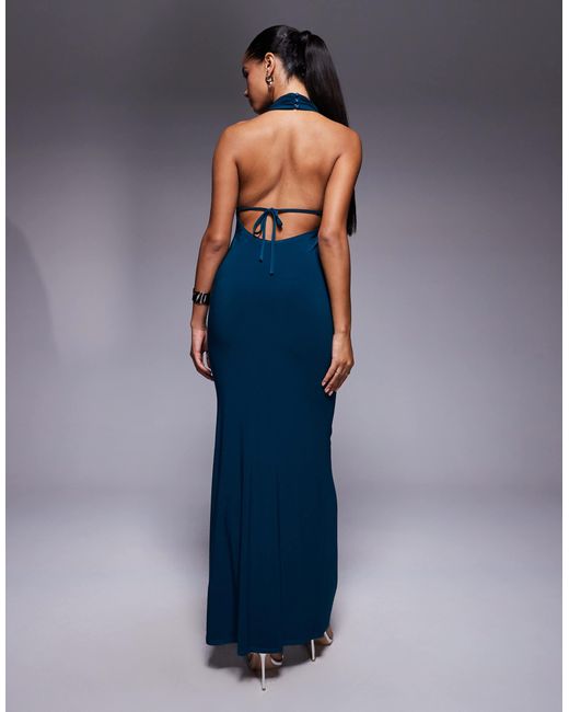 ASOS Blue Halter Draped Maxi Dress With Open Back