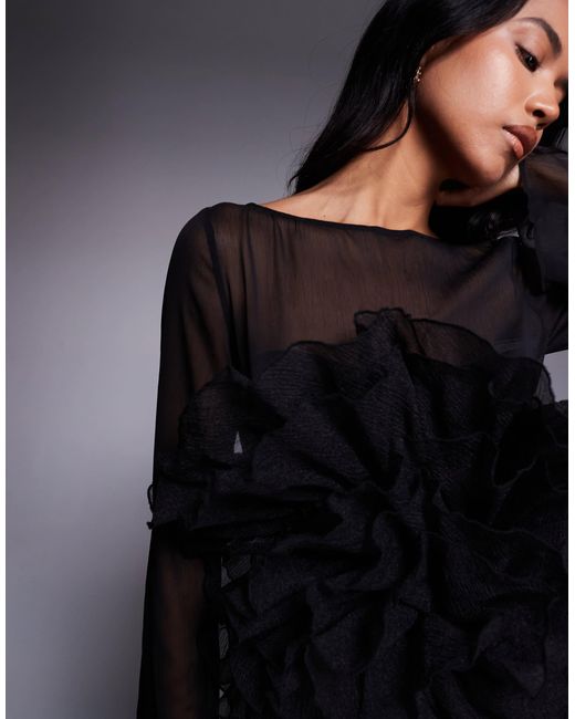 ASOS Gray Long Sleeved Sheer Maxi Dress With Oversized Floral Ruffle Bodice