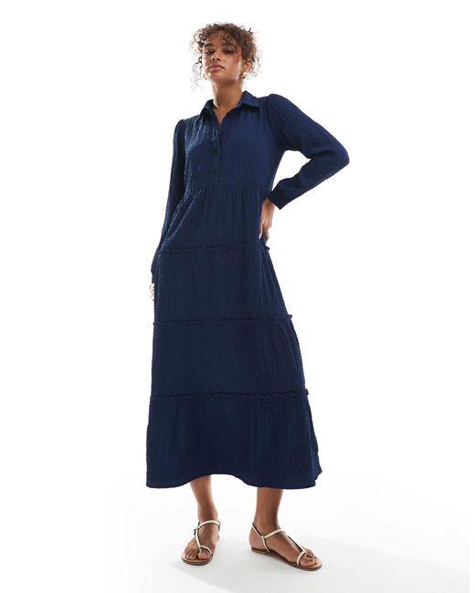 Wednesday's Girl Blue Tiered Shirt Detail Midaxi Dress