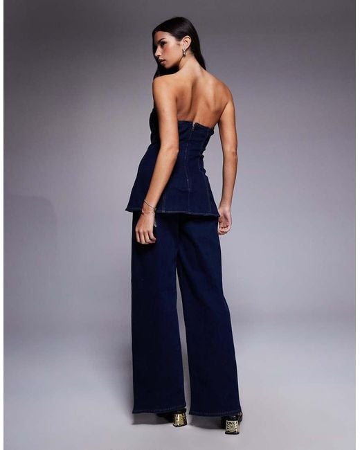 River Island Blue Flower Button Detail Denim Jumpsuit