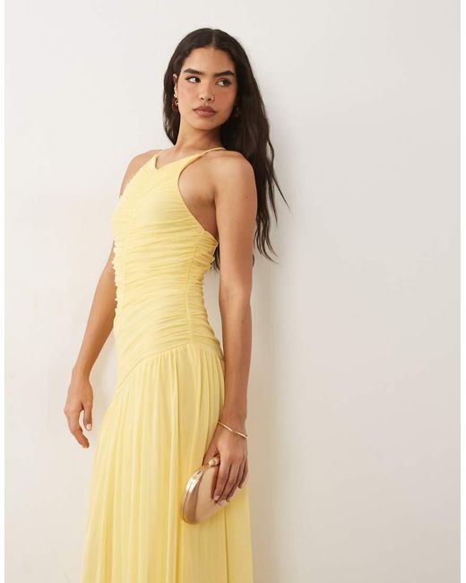 ASOS Natural High V Neck Halter Mesh Maxi Dress With Ruched Details