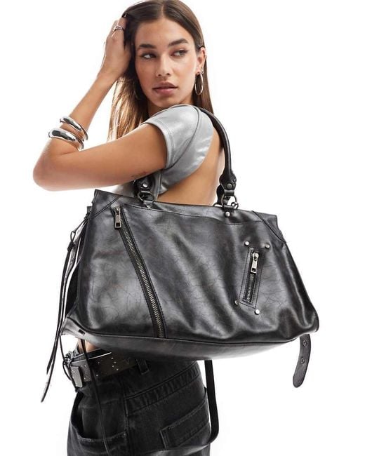 Bershka Black Faux Leather Bowling Bag