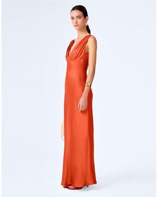 OMNES Red Dresses Casey V-Neck Satin Maxi Dress