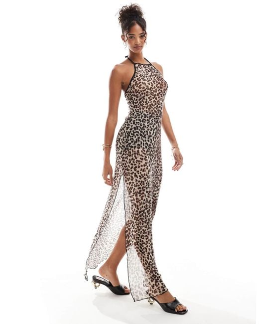 Pieces White – neckholder-maxi-strandkleid aus netzstoff mit leopardenmuster