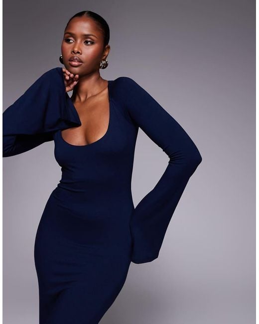 ASOS Blue Long Flute Sleeves Super Scoop Midi Dress