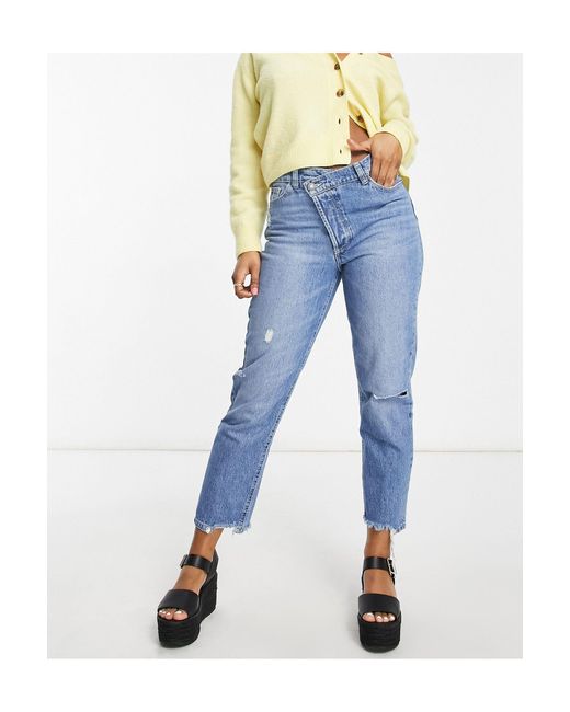 Stradivarius Mom Jeans Met Overslagtaille in het Blue